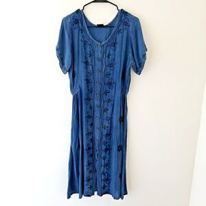 Blue Embroidered Rayon Midi Dress Boho Cottagecore Festival Button Front Size L